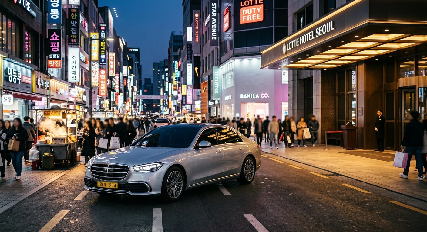 A silver sedan driving on a busy street in front of the Lotte Hotel Seoul at night, surrounded by pedestrians and illuminated storefronts