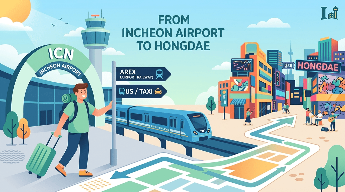 Illustration of How to Get from Incheon Airport to Hongdae