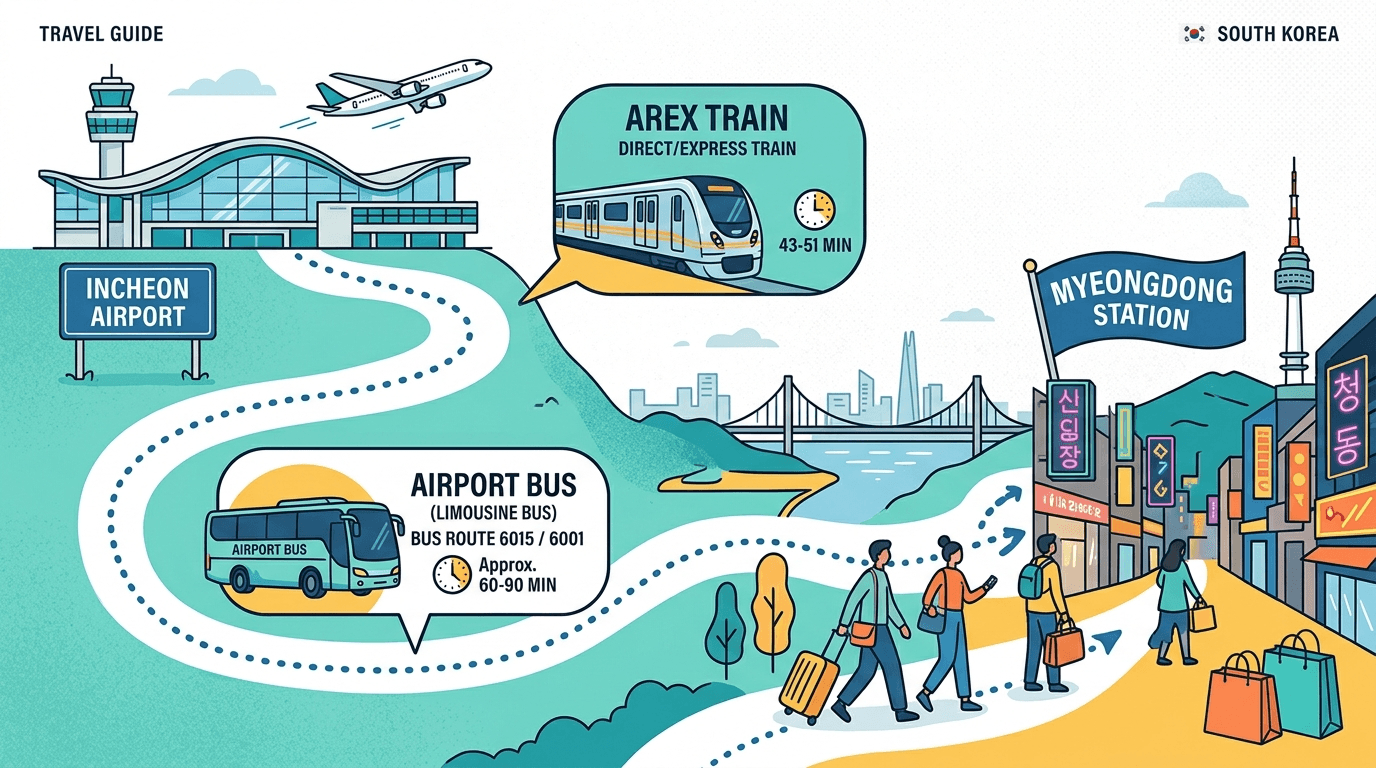 Illustration of How to Travel Incheon Airport to Myeongdong