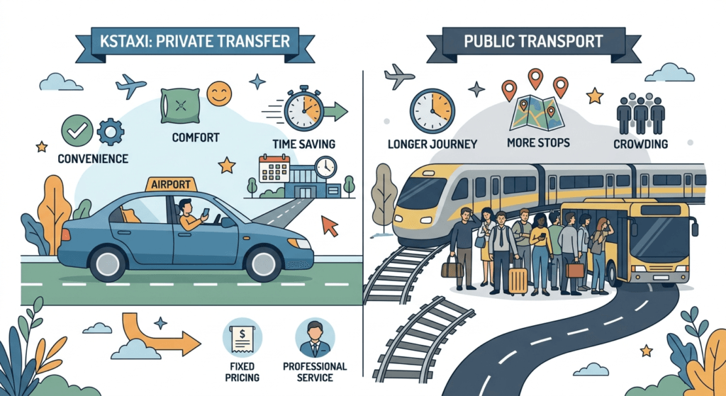 KSTAXI(https://kstaxi.net/) illustration for KSTAXI: The Best Private Airport Transfer vs Public Transport Comparison