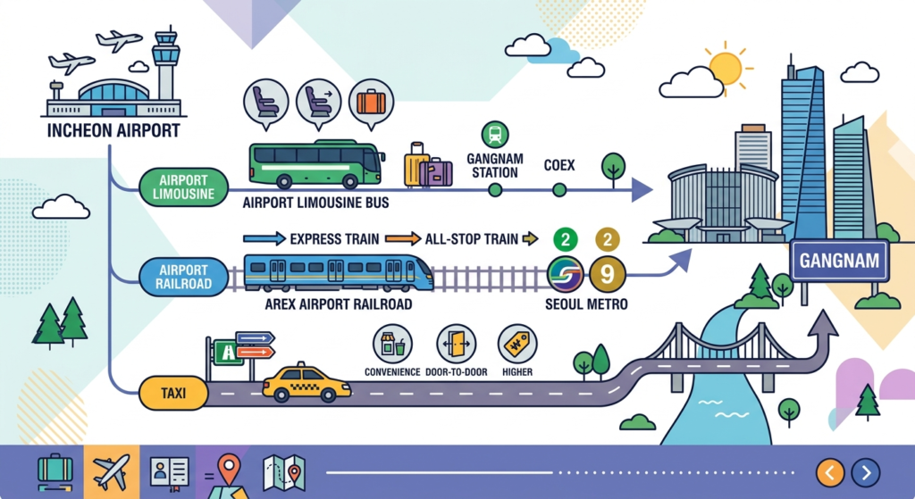Illustration of How to Get from Incheon Airport to Gangnam