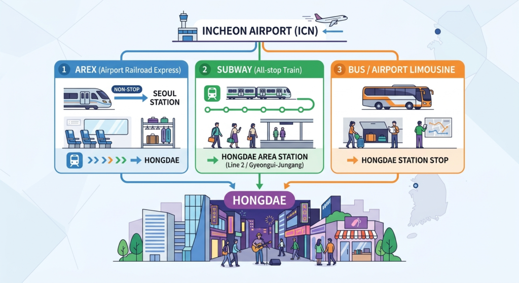 Illustration of How to Get from Incheon Airport to Hongdae