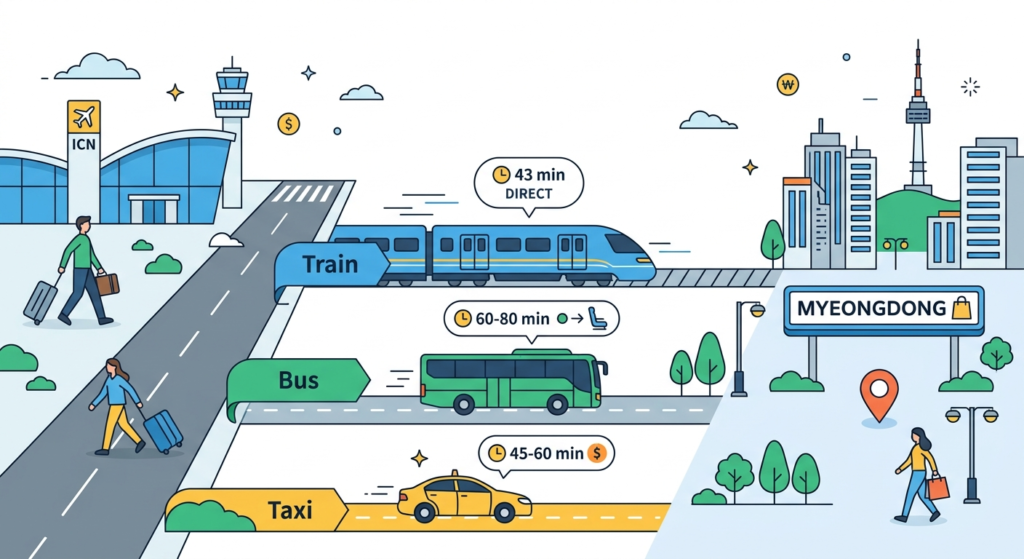 Illustration of How to Get From Incheon Airport to Myeongdong