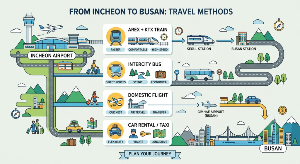 Illustration of How to Travel Incheon Airport to Busan