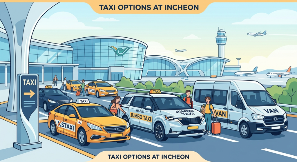 Incheon Airport jumbo taxi and van options parked at the terminal.